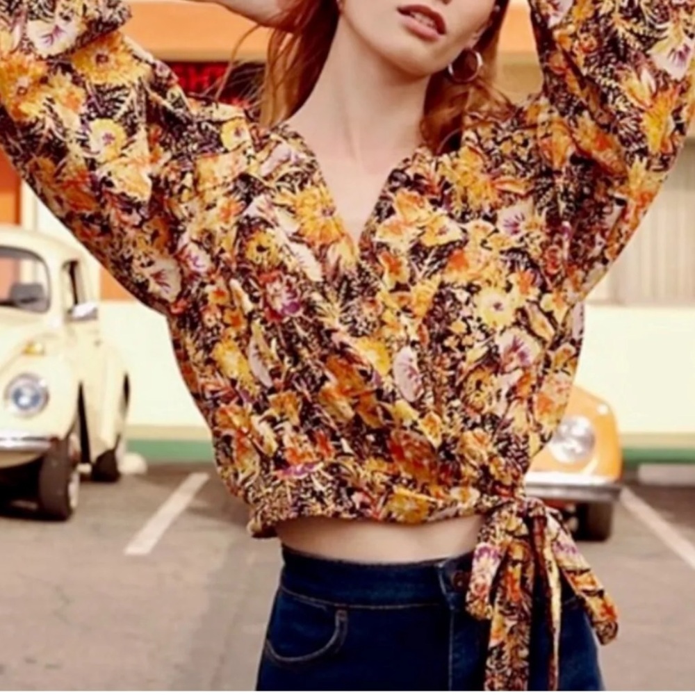 Free People Yellow Floral Wrap Blouse